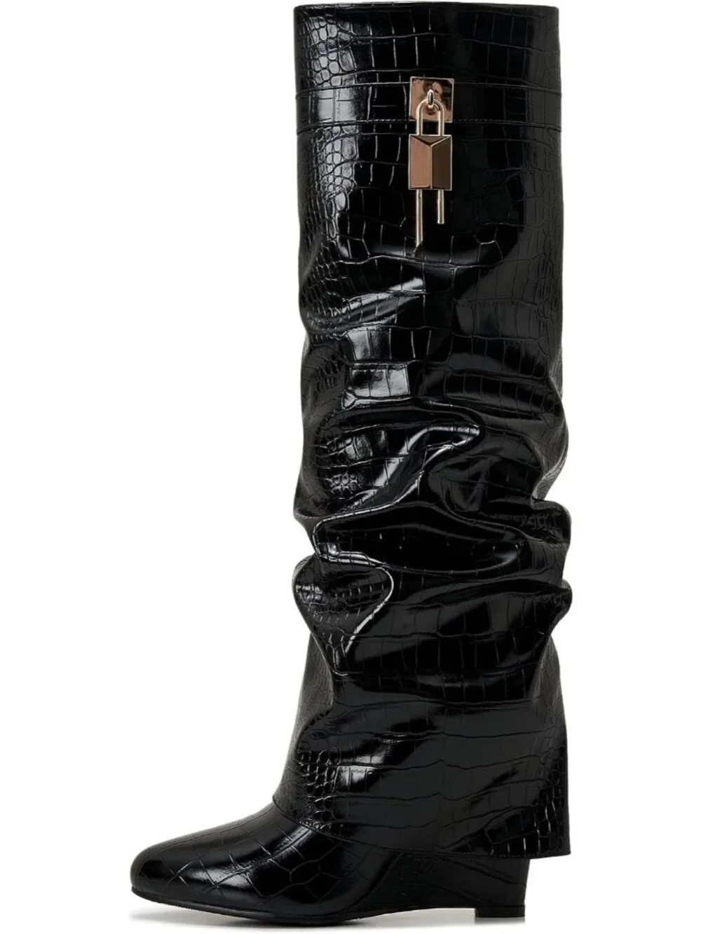 Women's Black Pointy Pull-on Side Zipper Padlock Fold Over Knee High Boots
